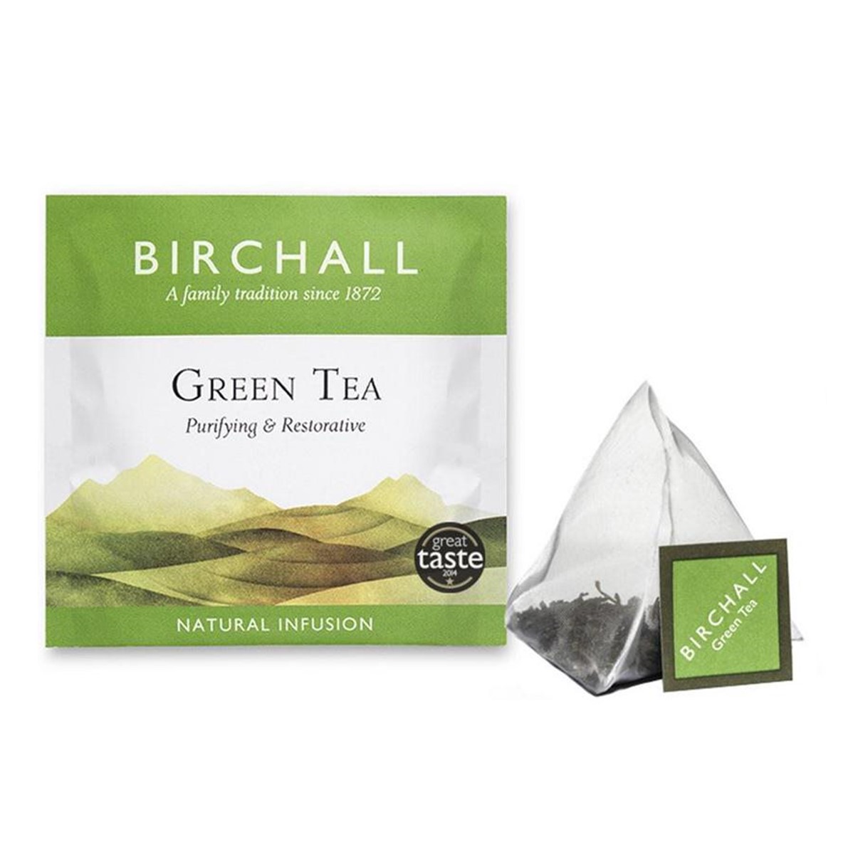 Birchall Green Tea 20 PRISM tea bags in envelopes Go Jumbo